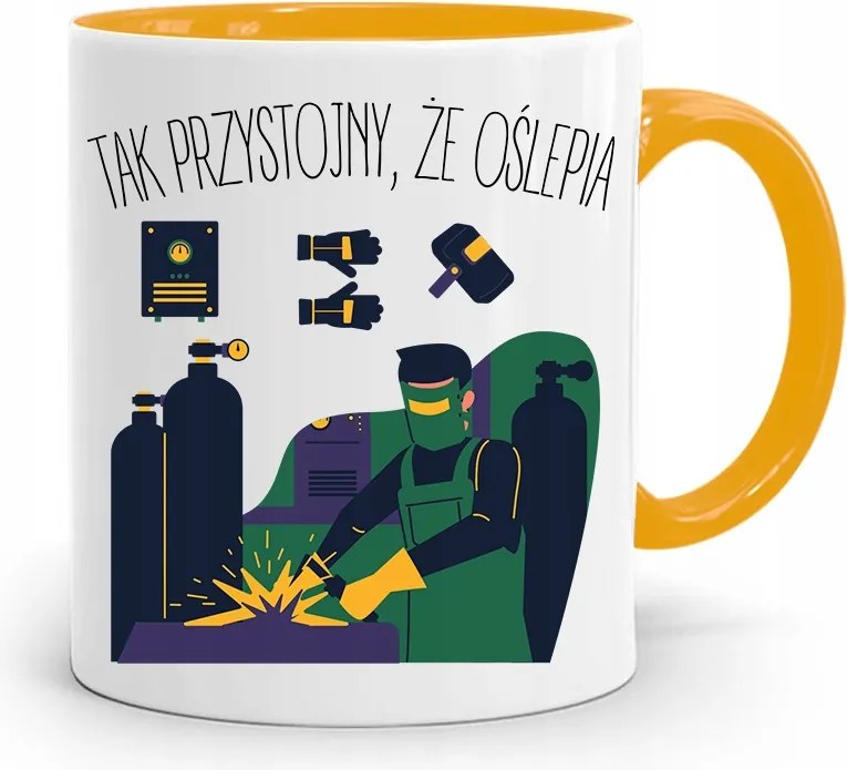 Sárga Hegesztő Bögre Olyan Jóképű, Hogy Vakít, fényképes nyomattal