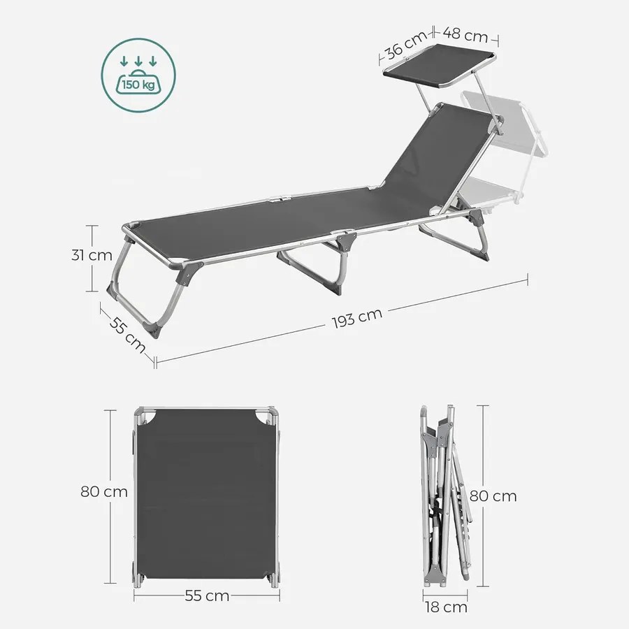 Napozóágy 55x193x31 cm, állítható napozóágy napellenzővel, füstszürke