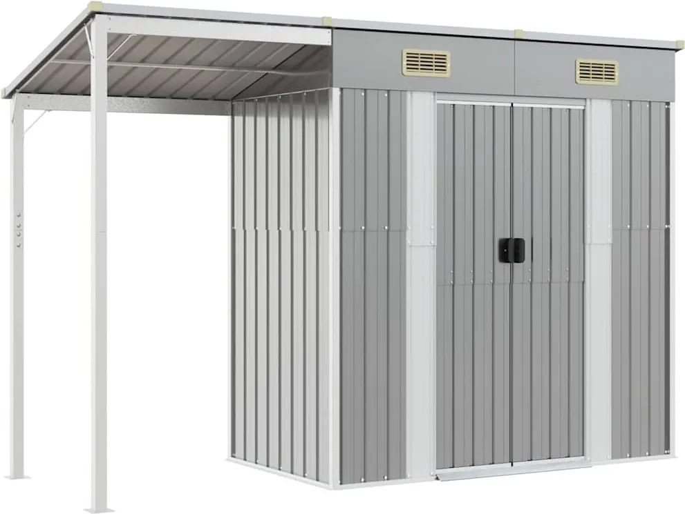 vidaXL világosszürke acél kerti fészer meghosszabbított tetővel 277 x 107 x 181 cm