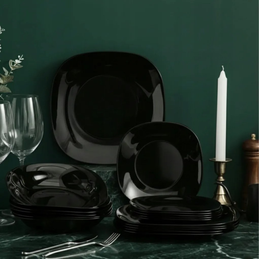 Étkezőgarnitúra edzett üveg fekete 6 személyes étkészlet 18el