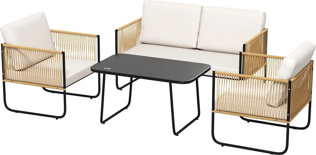 Outsunny 4 Fős Kerti Szett, Balkon Rattan Pihentető 2-Fős Kanapéval, Fotelekkel, Edzett Üveg Kávézóasztallal, Levehető Párnákkal, Krém | Aosom