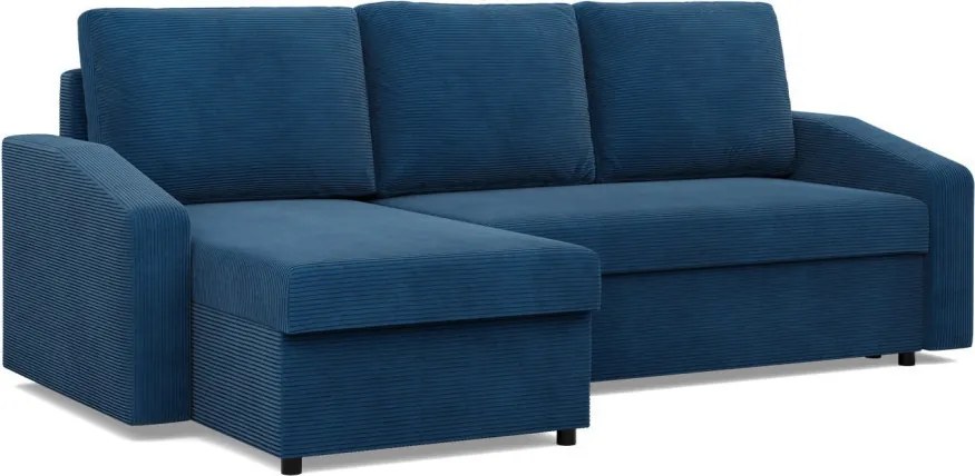 Zeus sarokkanapé, 1 ágyneműtartóval, döntött kartámasz, kordbársony, univerzális oldal, bonell töltet, kék