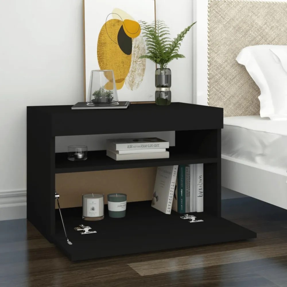 2 db fekete éjjeliszekrény LED-lámpákkal 60x35x40 cm szerelt fa