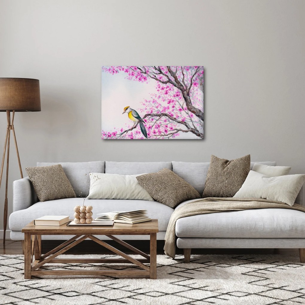 Kép - Madár egy fán rózsaszín virágokkal (70x50 cm)