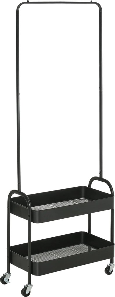 HOMCOM Gurulós Ruhakasztó, Kabátállvány Ruharúddal, Cipőtartó, Független Gardrób Acélból, Nappaliba, Hálószobába, 16 kg Max Terhelhetőséggel, Fekete |