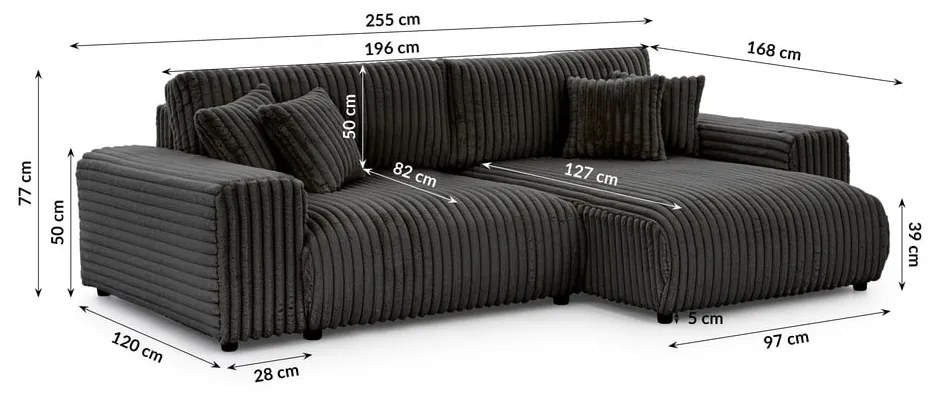 Sötétszürke kordbársony kinyitható-tárolóhelyes sarokkanapé (jobb oldali) Sarina – Ropez