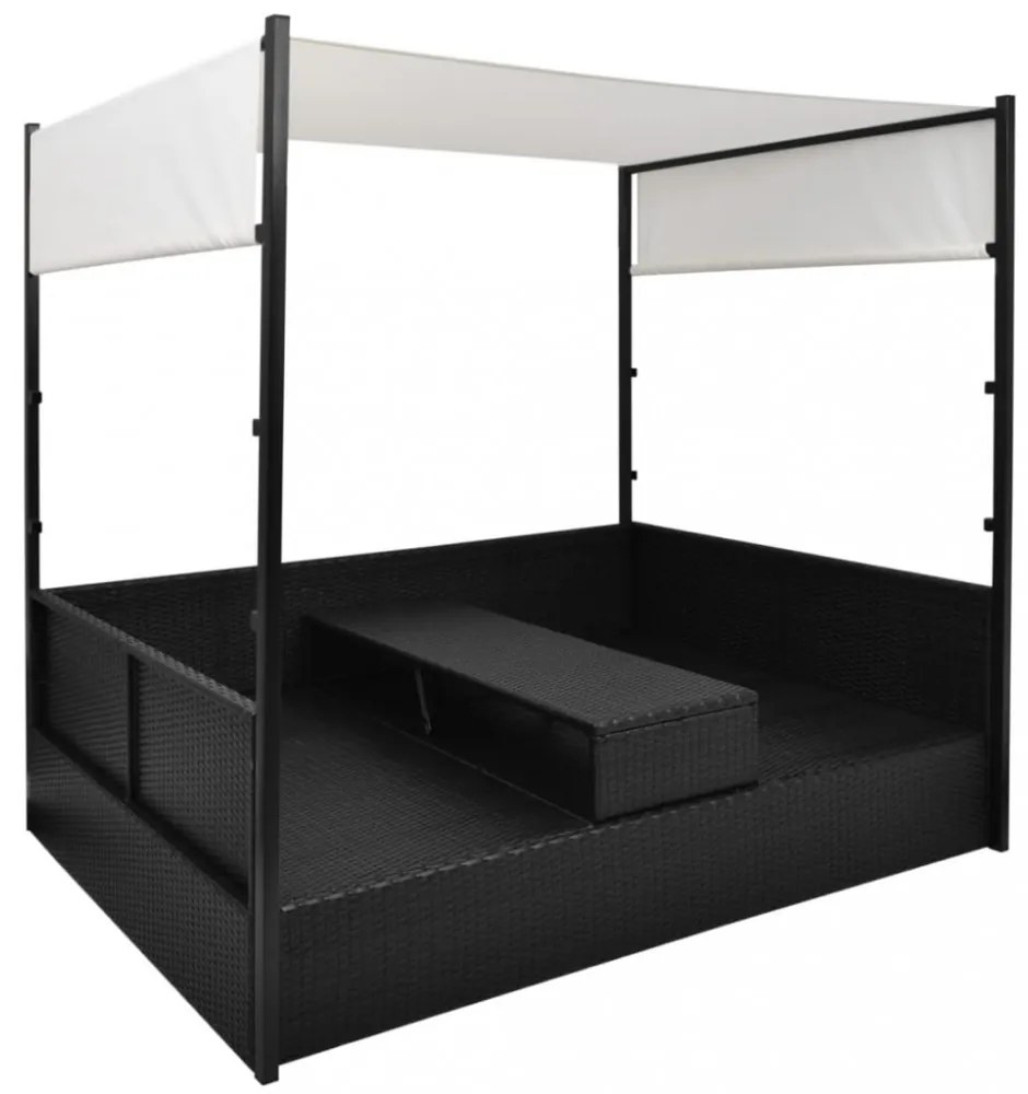 fekete polyrattan napellenzős kerti ágy 190 x 130 cm