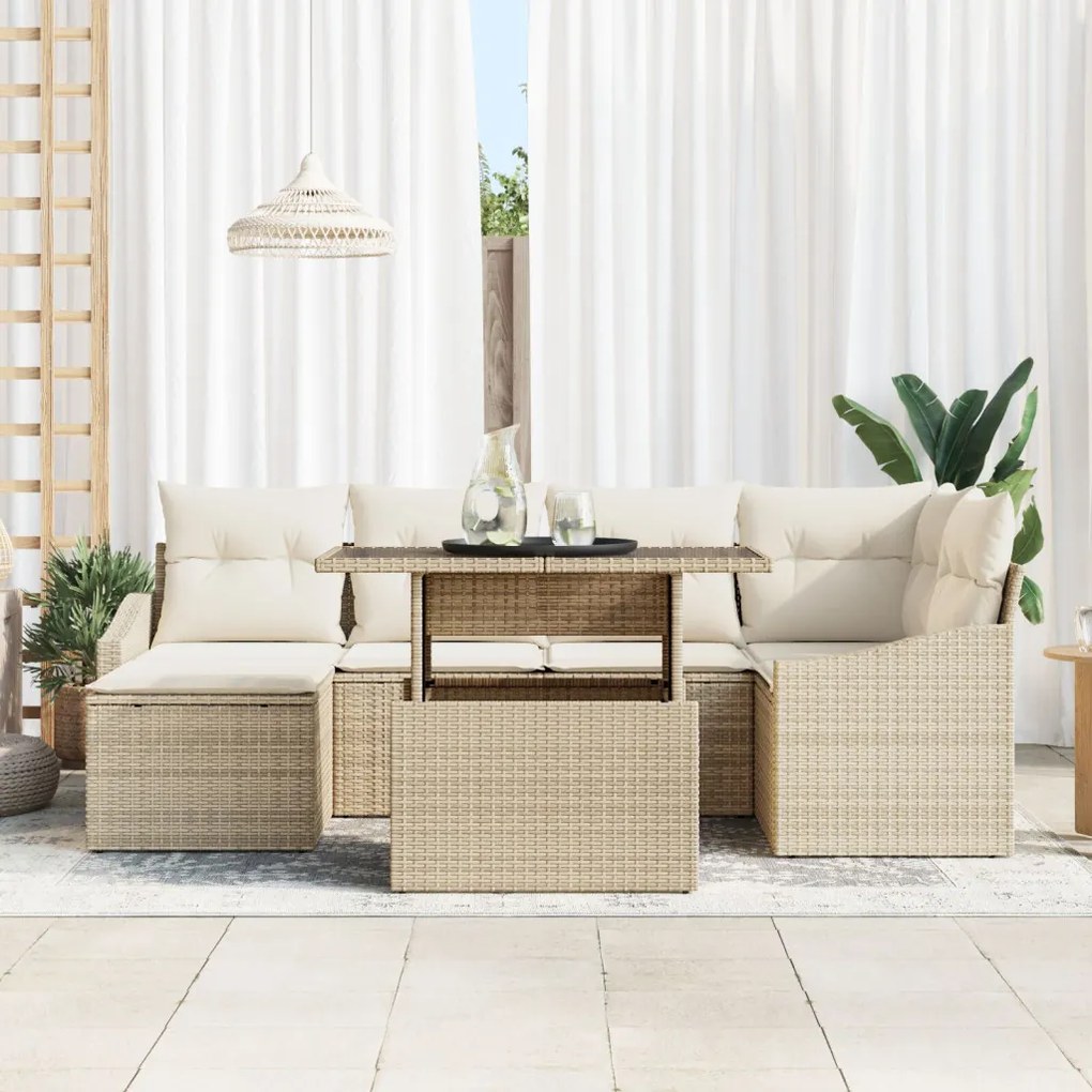 7 darabos kerti kanapé szett párnákkal bézs poly rattan