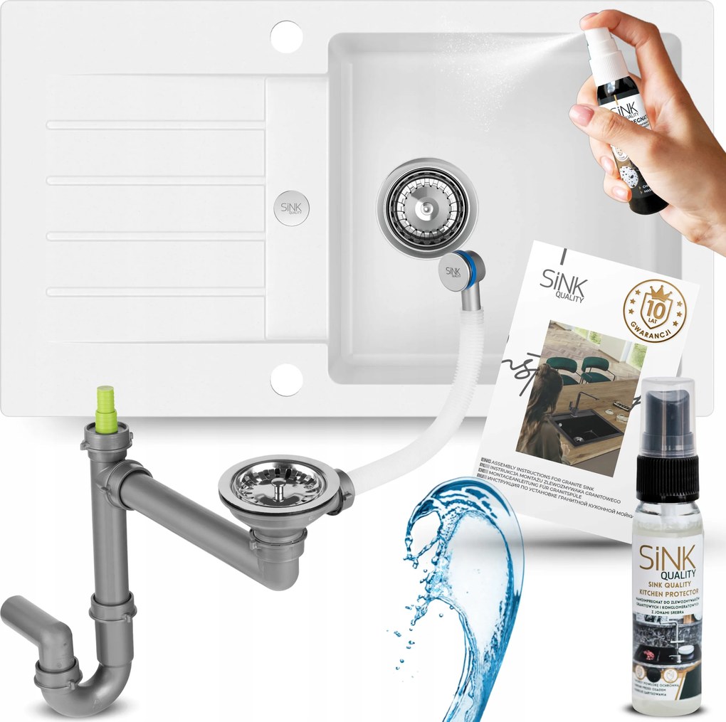 Konyhai Mosogató Gránit Mosogató fehér Egykamrás CSEPEGTETŐVEL+szifon