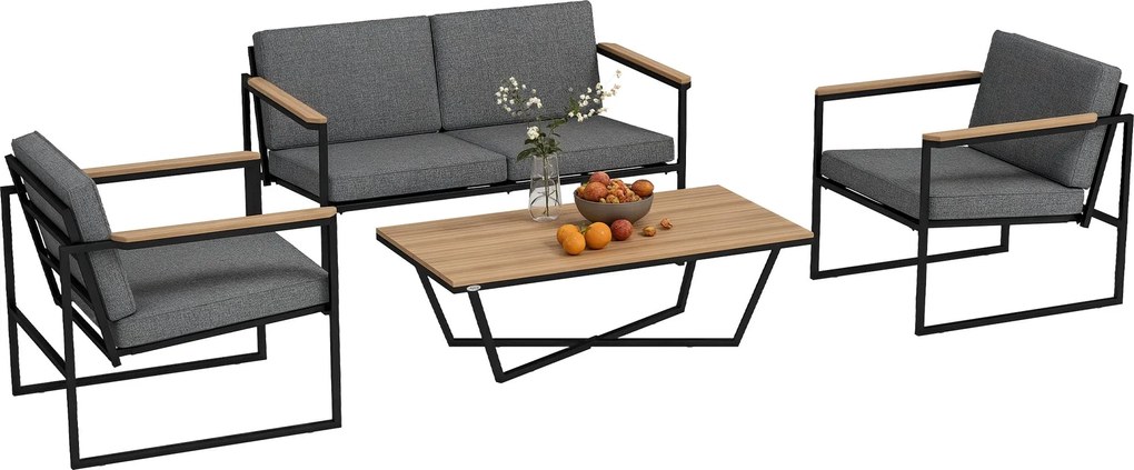 Outsunny 4 Személyes Kerti Bútor Szett Időjárásálló Erkély Bútor Szett 2 Személyes Kanapéval, 2 Székkel, Ülés párnákkal és Oldaltallal Kültéri Ülőgarn