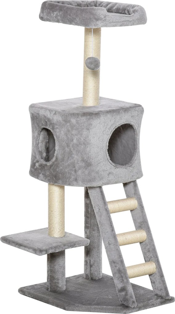PawHut 120 cm-es Kaparfa Macska Tornyunk Búvóhellyel, Játékgolyóval, Zsinegzsinórokkal, Térrésszel, Lépcsővel, Több Szintes Macska Kaparfa, Mászófa Ma