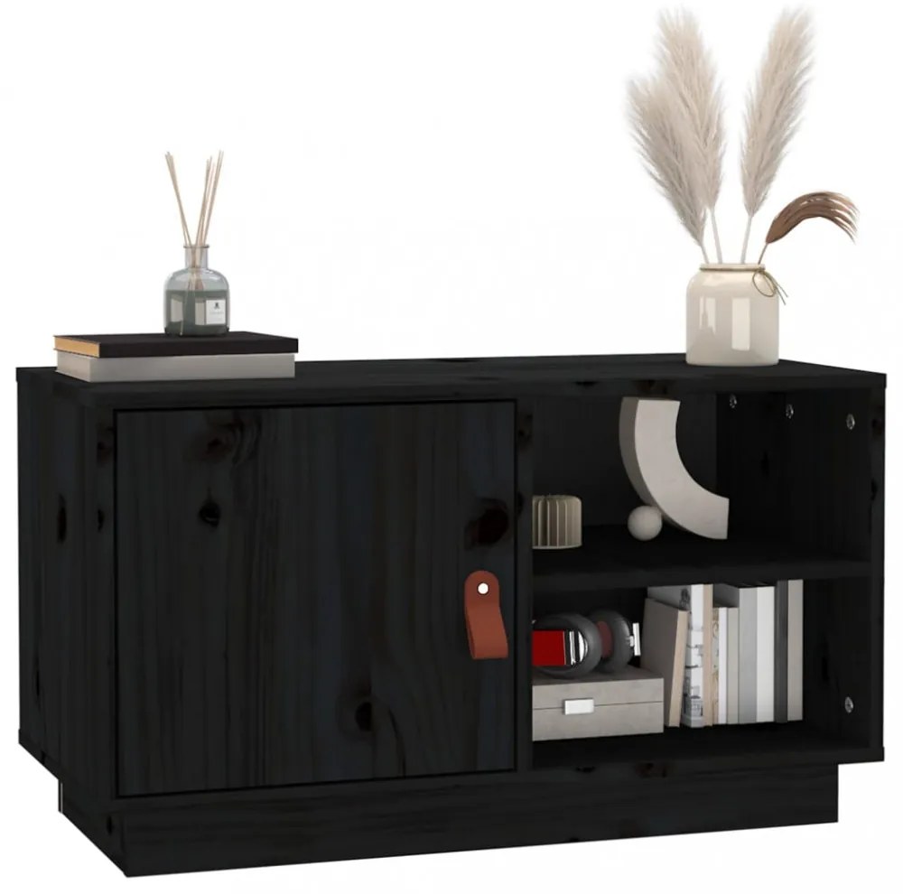 fekete tömör fenyőfa TV-szekrény 70 x 34 x 40 cm