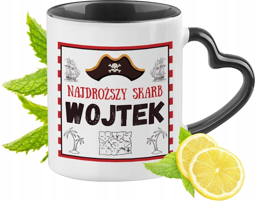 Fekete bögre szív alakú füllel, ajándékba