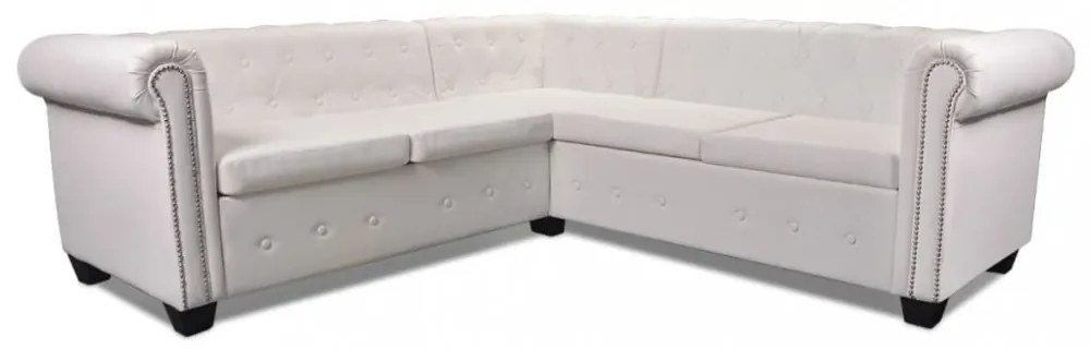5 személyes fehér műbőr Chesterfield sarokkanapé
