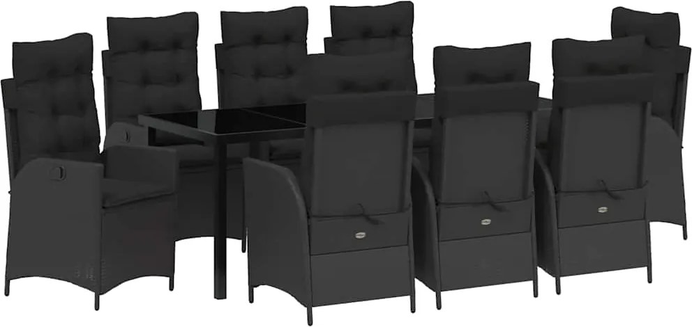 vidaXL Kert étkező szett párnával 9 pcs Fekete polirattan