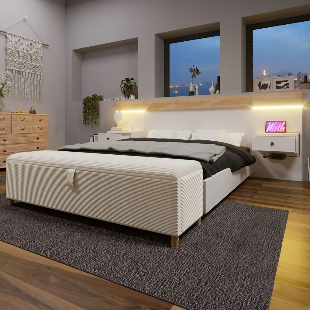 Franciaágy 140x200 cm Hidraulikus 2 db Usb-c LED-es éjjeliszekrény+zsámoly tölgy