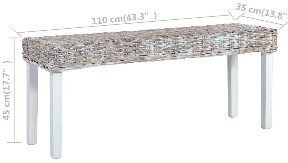 fehér természetes kubu rattan és tömör mahagóni fa pad 110 cm