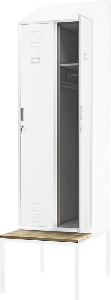 Fém öltözőszekrény paddal és tetővel KACPER II PRO, 600 x 2295 x 850 mm, fehér