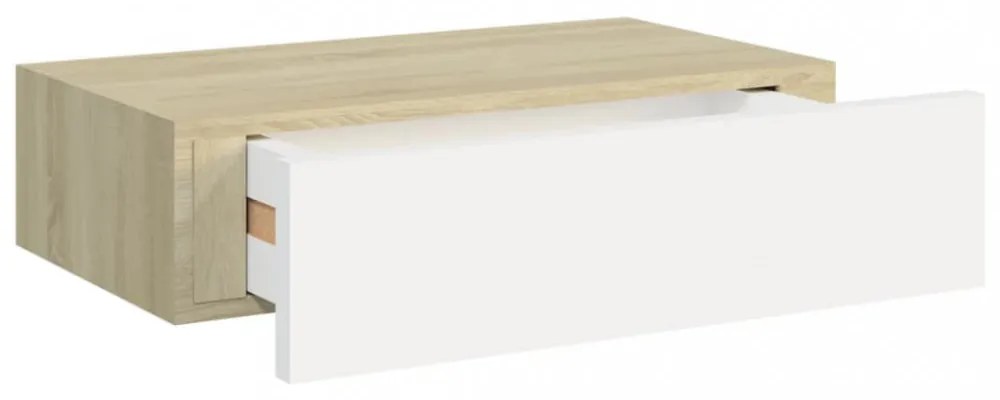2 db tölgyszínű és fehér MDF fiókos fali polc 40 x 23,5 x 10 cm