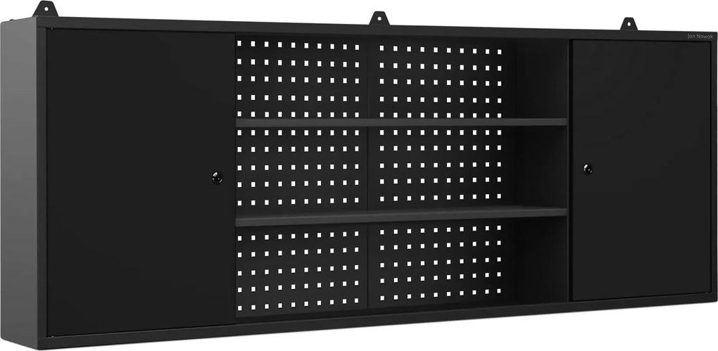 Függesztett műhelyszekrény perforált táblával, fekete, 1600x600x200 mm: LEO All Black