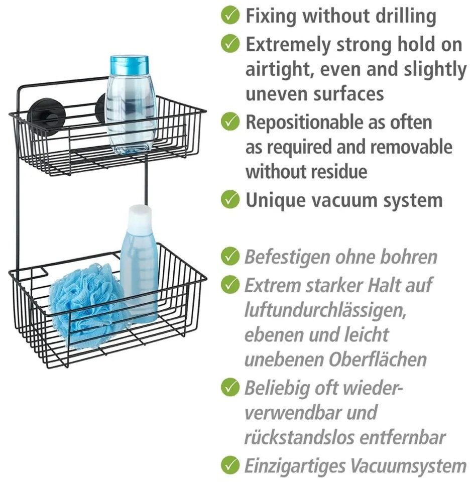 Vacuum-Loc® Pavia fekete fali kétszintes fürdőszobai polc - Wenko