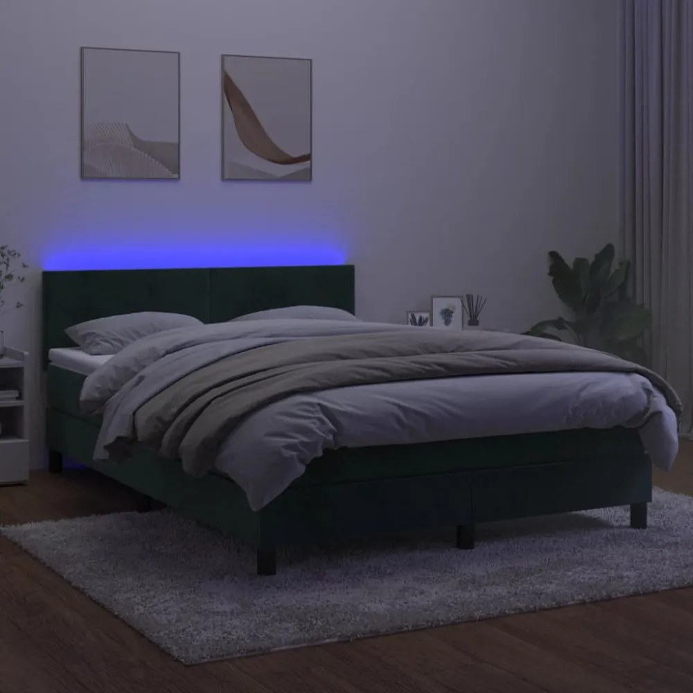 sötétzöld bársony rugós és LED-es ágy matraccal 140x200 cm