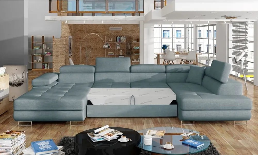 Világoskék kinyitható-tárolóhelyes sarokkanapé (jobb oldali-U alakú) Rodrigo – ELTAP