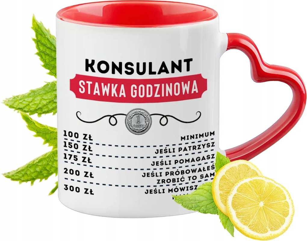 Piros bögre szív alakú füllel tanácsadónak ajándékba