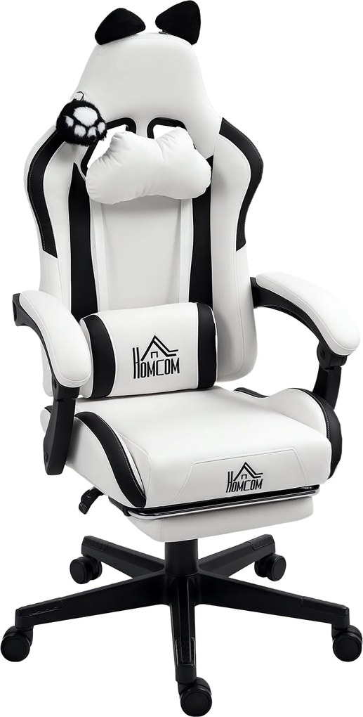 HOMCOM Gamer Szék Macska Fülekkel - Dőlésszögbe Állítható, Állítható Magasságú, Kihúzható Lábpihentő, Derék Támogatás és Leválasztható Fejtámla Irodai