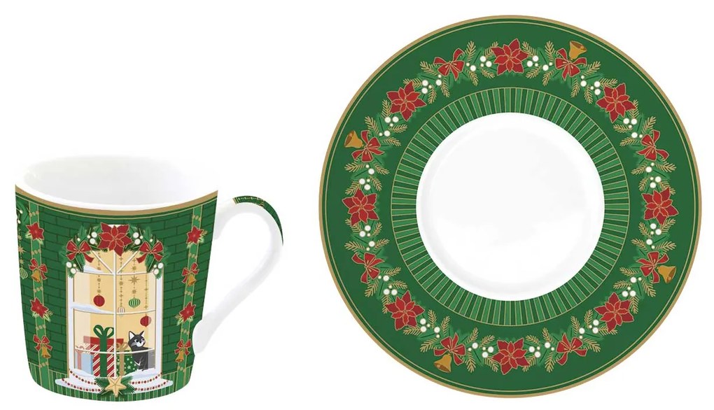 Karácsonyi porcelán eszpresszó kávés csésze + alj 100 ml 6 személyes díszdobozban Festive Avenue