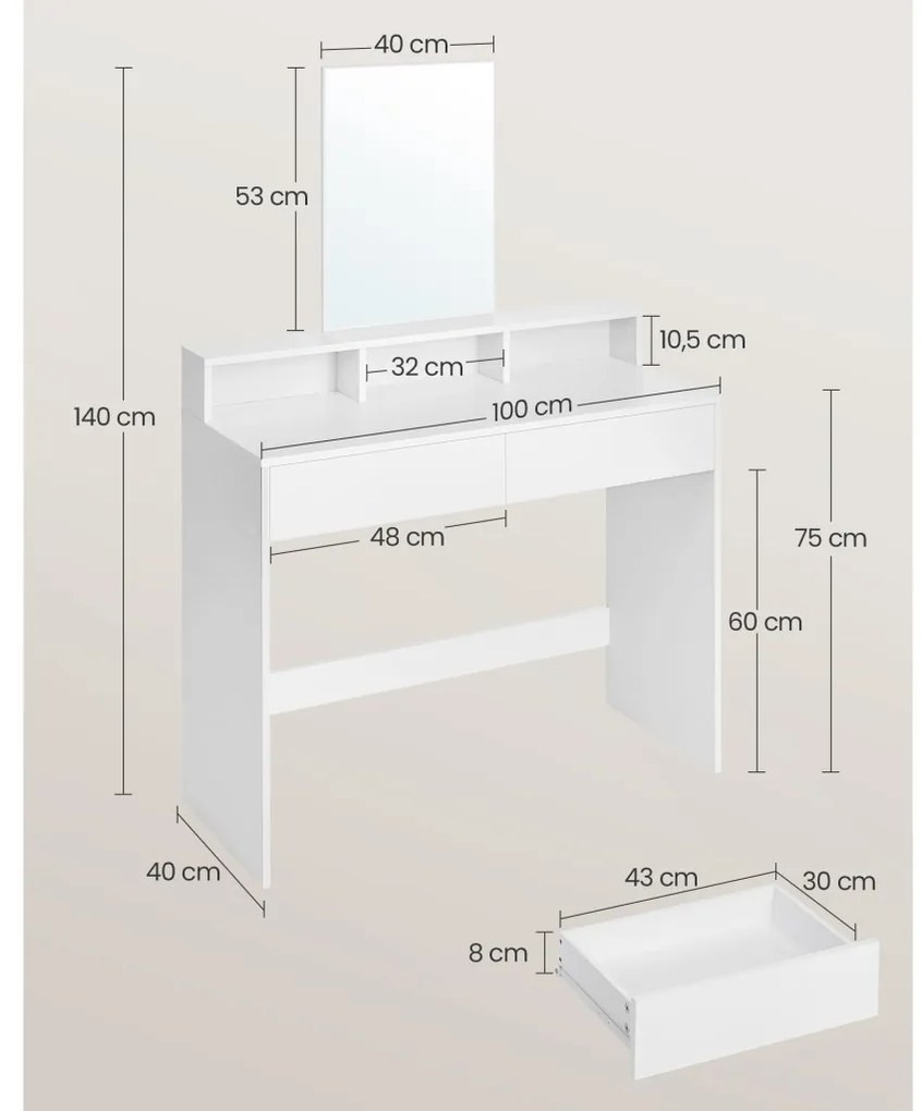 Fésülködőasztal, sminkasztal tükörrel 2 fiókkal és rekeszekkel, fehér 100x40x140cm