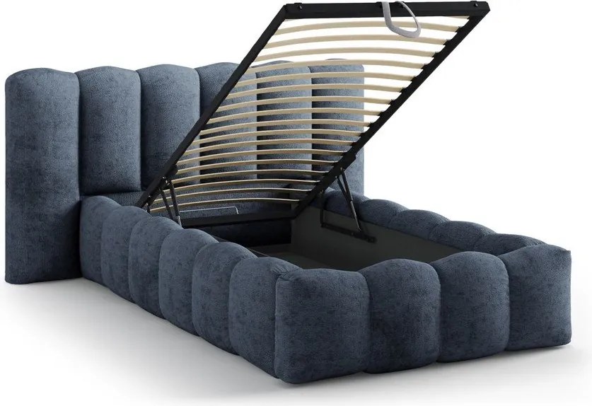 Sötétkék kárpitozott ágyneműtartós egyszemélyes ágy ágyráccsal 90x200 cm Lupine – Micadoni