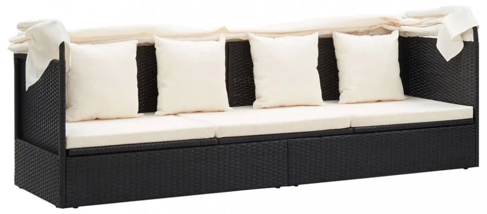 fekete polyrattan kerti napozóágy tetővel
