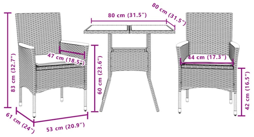 vidaXL 3 részes fekete polyrattan/üveg kerti étkezőgarnitúra párnákkal