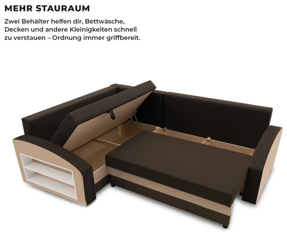 Grande sarokkanapé polcokkal , polc a bal karfaban, baloldali, szövet anyag, hab töltet, barna