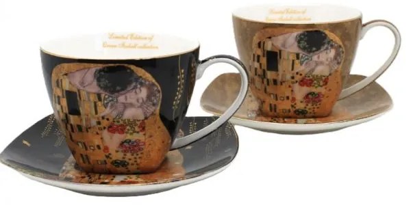 Klimt porcelán csésze aljjal - 250 ml 2 személyes - A Csók fekete barna
