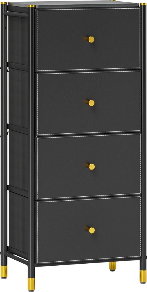 HOMCOM Szövet Fiókos Szekrény 4 Hajtogatható Fiókkal PU Előlapokkal és Acél Vázakkal a Hálószobába és Nappaliba - Fekete | Aosom