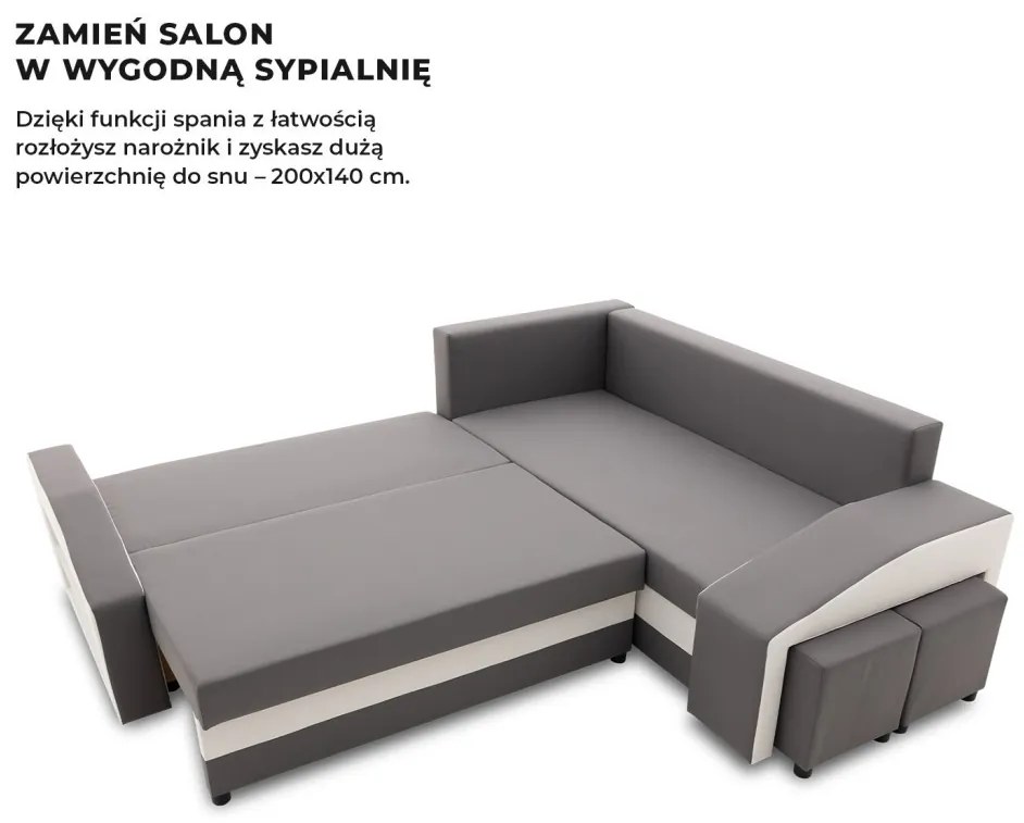 Grande sarokkanapé polcokkal és puffokkal , polc a bal karfaban puffok a jobb karfaban, jobboldali, szövet anyag, hab töltet, szürke - fehér