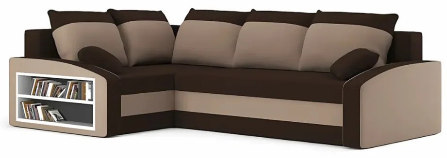 Grande sarokkanapé polcokkal , polc a bal karfaban, baloldali, szövet anyag, hab töltet, barna