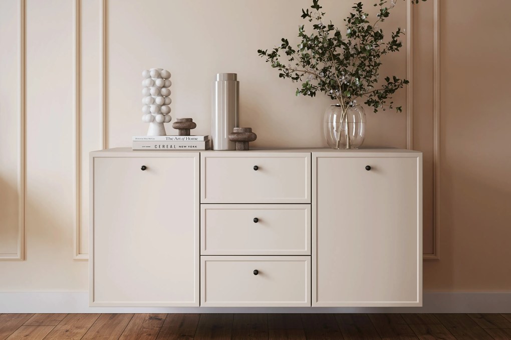 Lorini fali komód 150 cm - kasmír / fekete fogantyúk