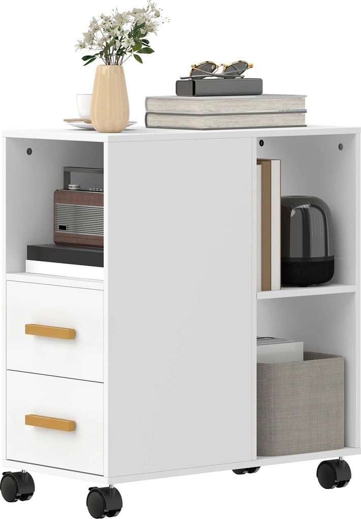 HOMCOM mobil nyomtatótartó állítható polccal, görgőkkel és asztali rendszerezővel — Nyomtatóállvány irodába, faxhoz, szkennerhez | Fehér (60 x 30 x 65