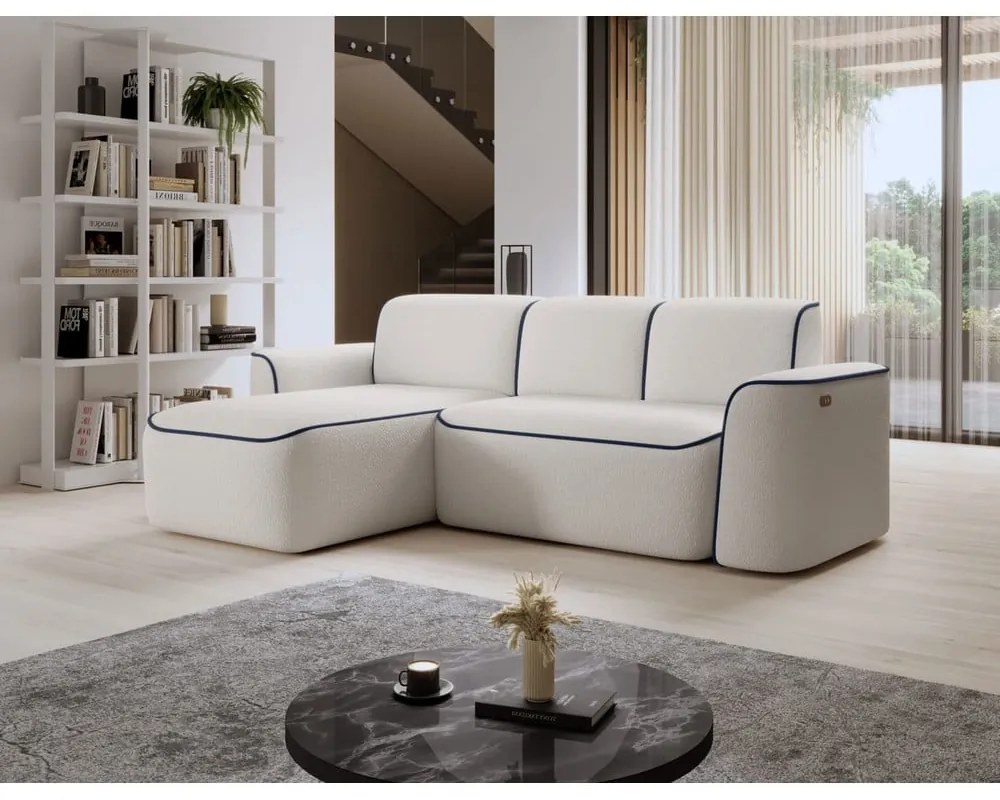 Kék-krémszínű buklé sarokkanapé (bal oldali-heverő résszel) Ume – ELTAP