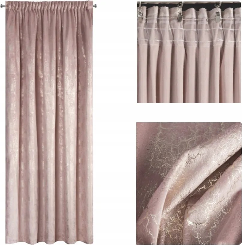 Rózsaszín púderes bársonyfüggöny arany márvánnyal 140x270 cm szalaggal