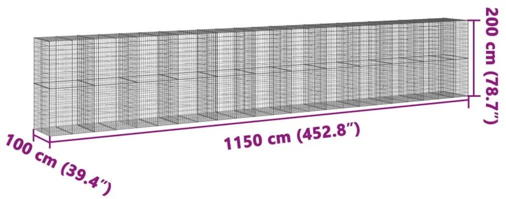 horganyzott vas gabion kosár fedéllel 1150 x 100 x 200 cm