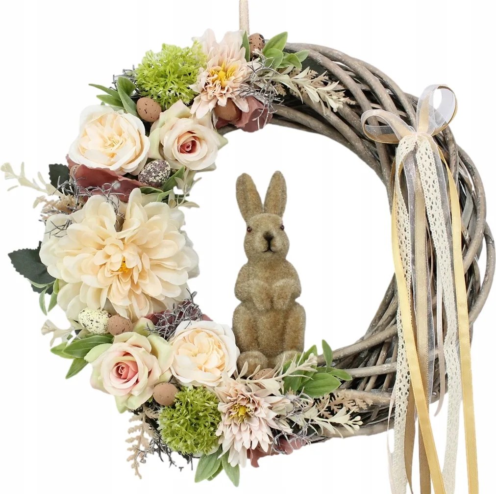 Húsvéti koszorú nyuszival, tavaszi koszorú, Bézs, lakásdekoráció
