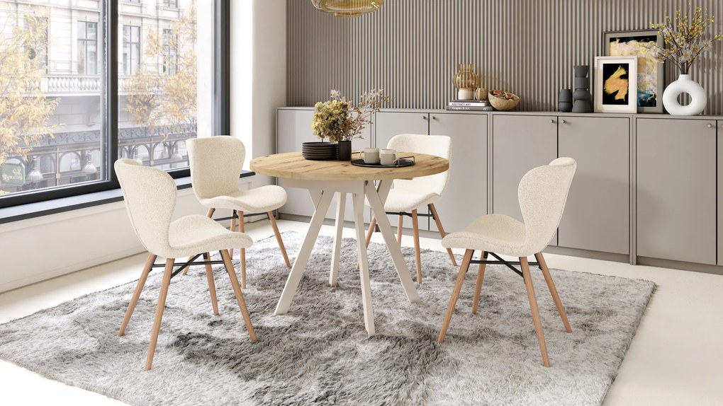 MAZZONI EXPORT ALTEA Crème (tissu Monza 90)/pieds en chêne naturel - CHAISE MODERNE BOUCLÉ POUR SALON/SALLE À MANGER/CUISINE/BUREAU
