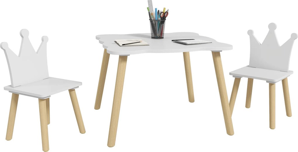 AIYAPLAY 3 darabos gyerekasztal és szék szett, asztallal és 2 székkel, koronás háttámlával, 3-6 éves gyerekeknek, játszószobába, hálószobába, bölcsődé