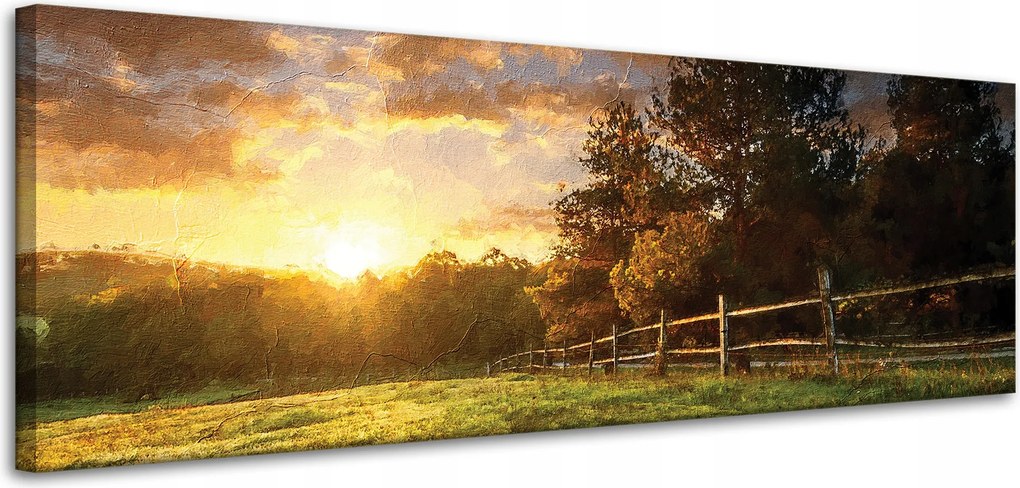 Vászonkép Nap Tájkép Falusi fák Rét 120x40 cm