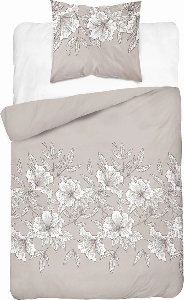 Szatén ágyneműhuzat 140x200 bézs világos fehér virágok levelek Home Satin