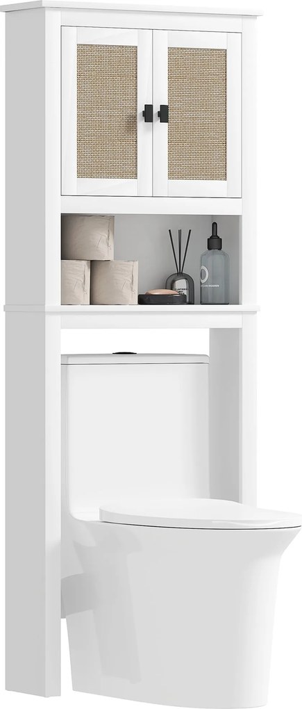 HOMCOM Szűk Feljövendékető Szekrény, Felülről Szekrény Tárolás 2 Rattán Előlapú Ajtóval, Nyitott Rekesz és Állítható Polc, Fürdőszoba Szekrény 60x19,5